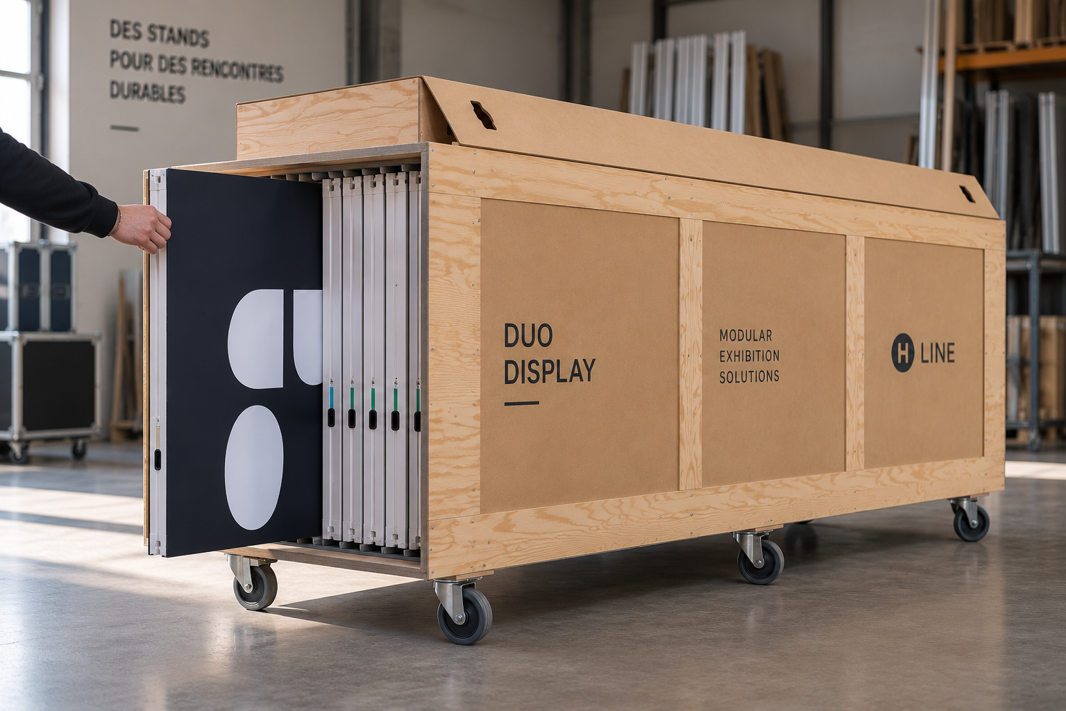 Modules de stand stockés entre deux salons